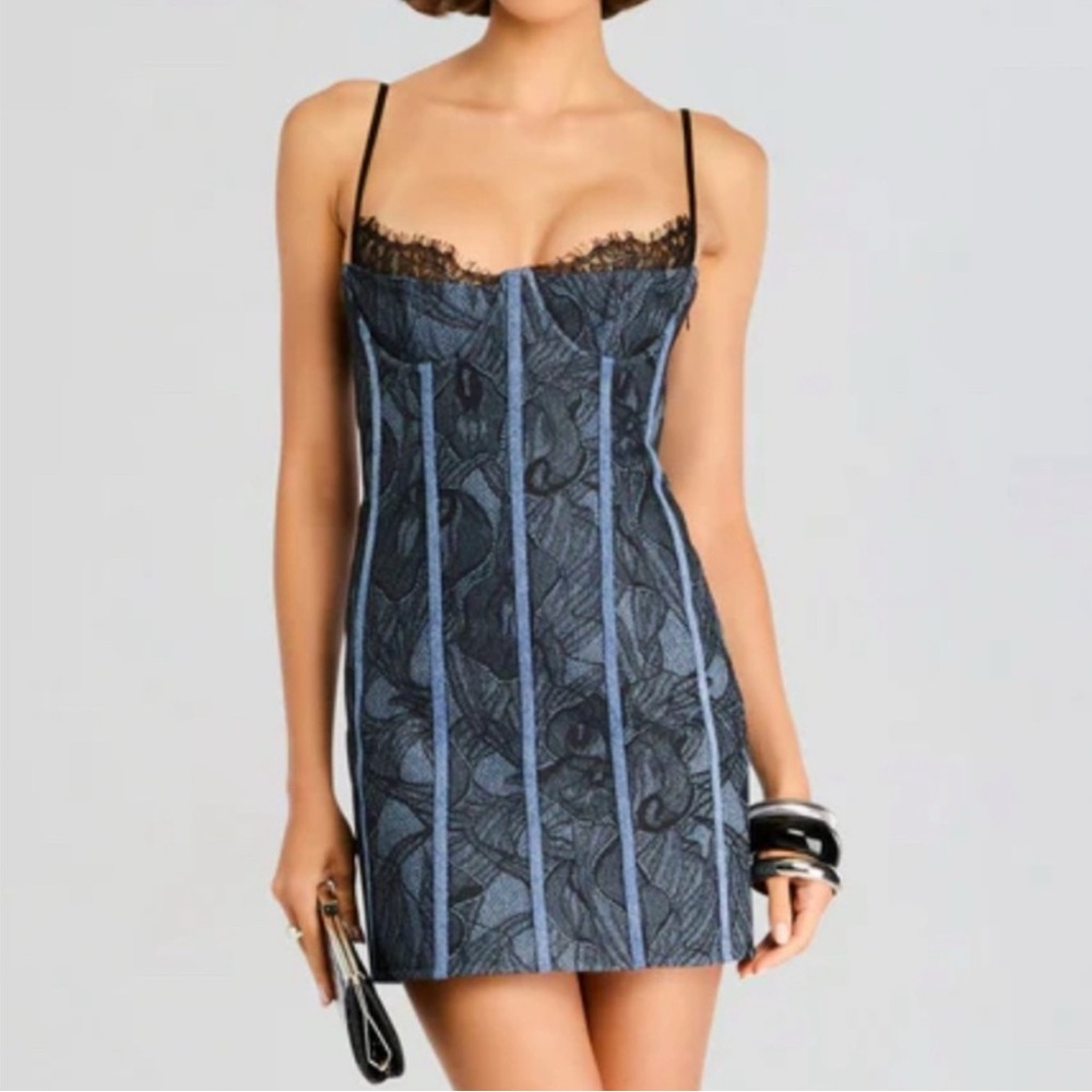 Retrofete Blue and Black Lace Denim Mini Dress